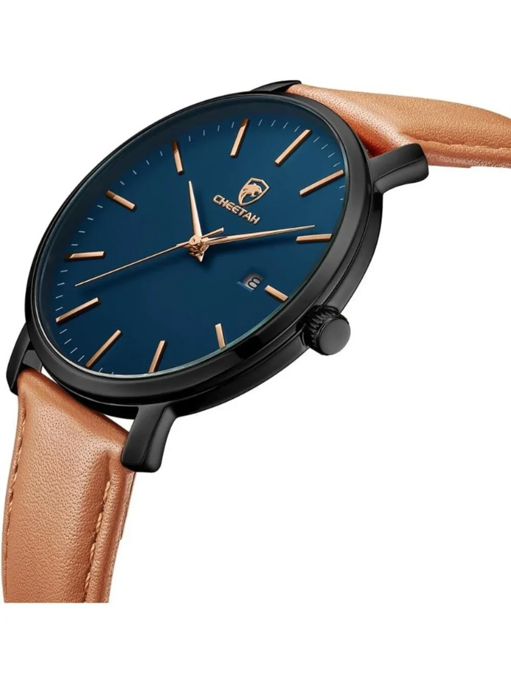 Men's Brown/Black/Blue Leather Strap Minimalist Waterproof Quartz Wrist Watch